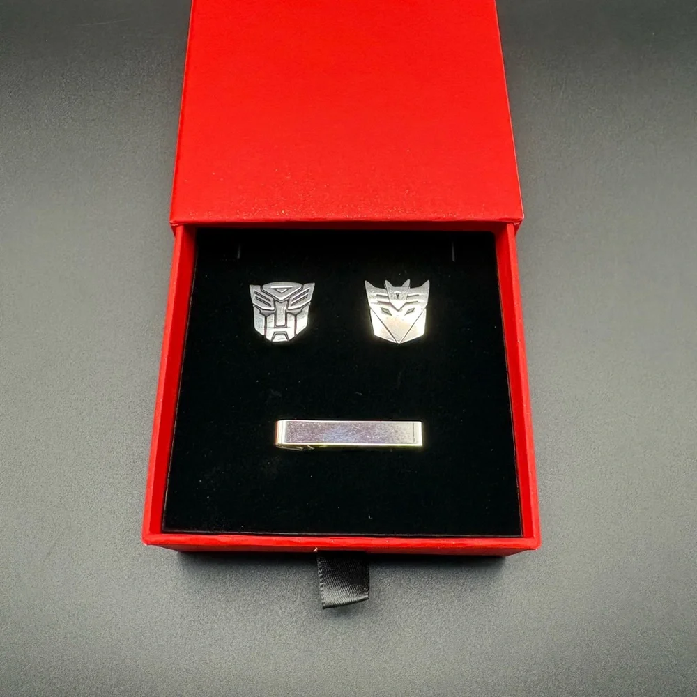 Transformers Autobot Decepticon Cufflinks w Silver Tie Bar Set Geek Gift